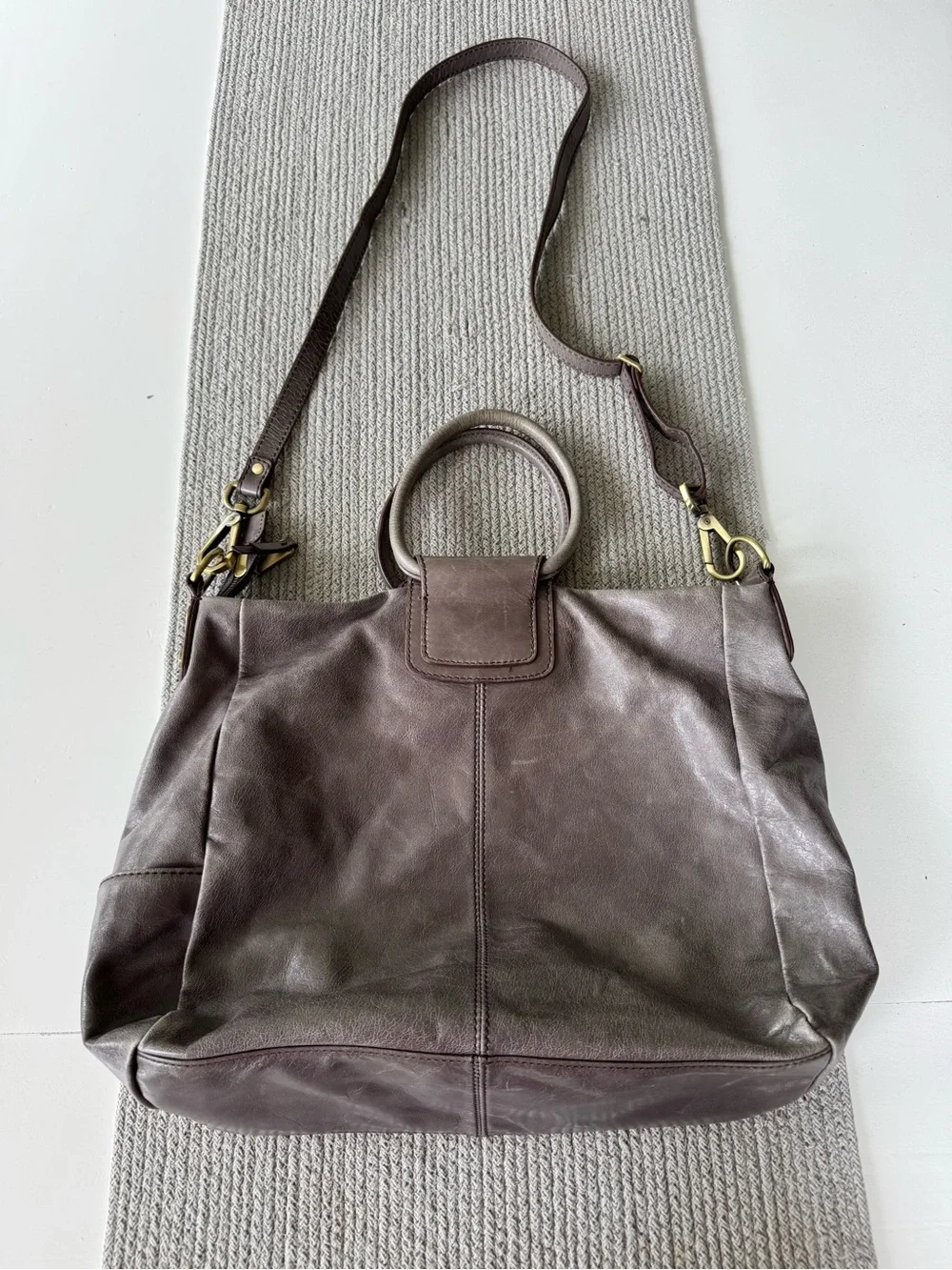 HOBO Taupe Gray Leather Hobo Shoulder Bag with Top Handle and Shoulder Strap